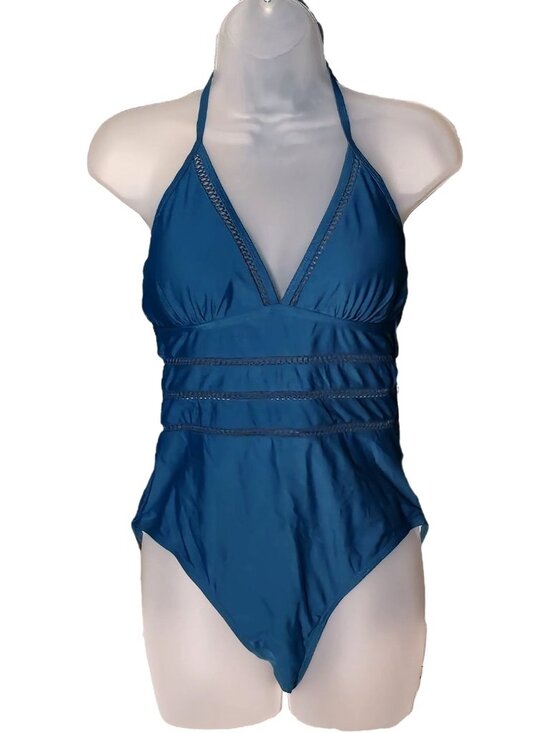 Tempt Me Other - Blue One-Piece Swimsuit LG Halter Lace Cutout V Neck Adjustable Strap Lined